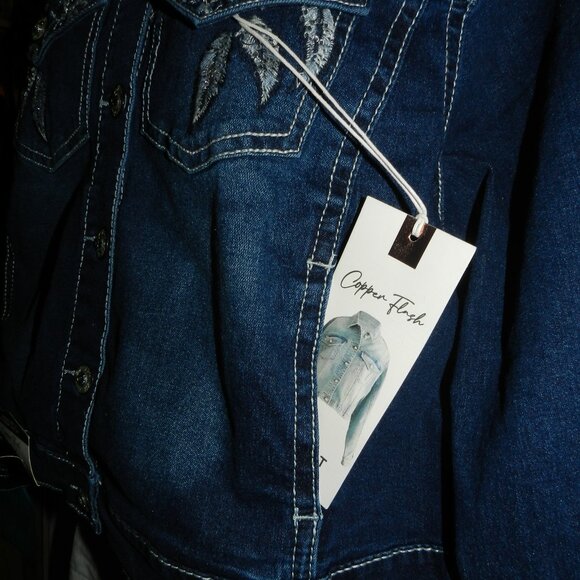 NWT 3XL Women's Embroidered Feathers Cropped Denim Jacket Copper Flash🆕⌚🏃💨🚚 - Picture 8 of 16